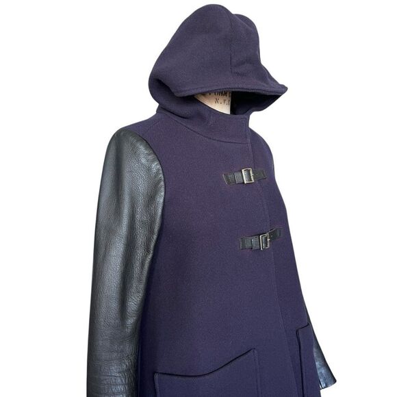 MAJE Wool & Leather Hooded Navy Blue Coat Size 36/S - Picture 2 of 7